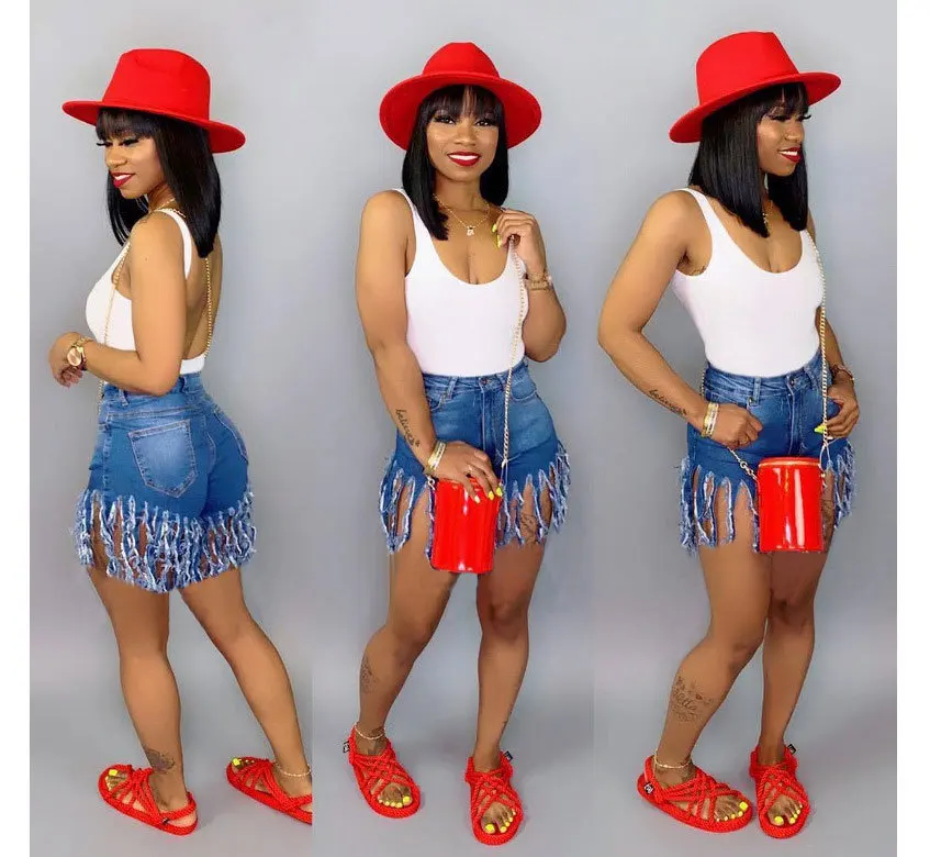 

Джинсы в европейском и американском стиле, Модные индивидуальные трендовые прямые джинсовые шорты с бахромой в стиле high street, повседневные б...