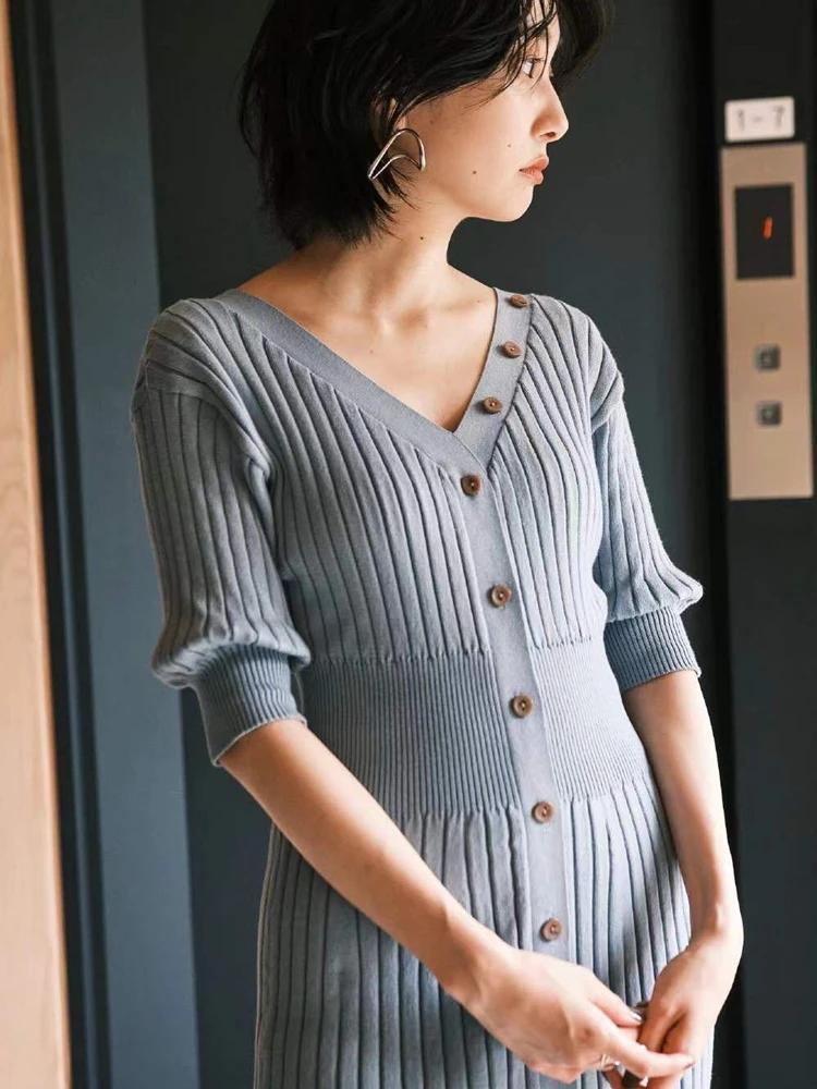 

Japanese Style Elegant Temperament Dress Women V-neck Half Sleeve Slim Fit Knit Dresses A-Line Soft Chic Button Femme Vestidos