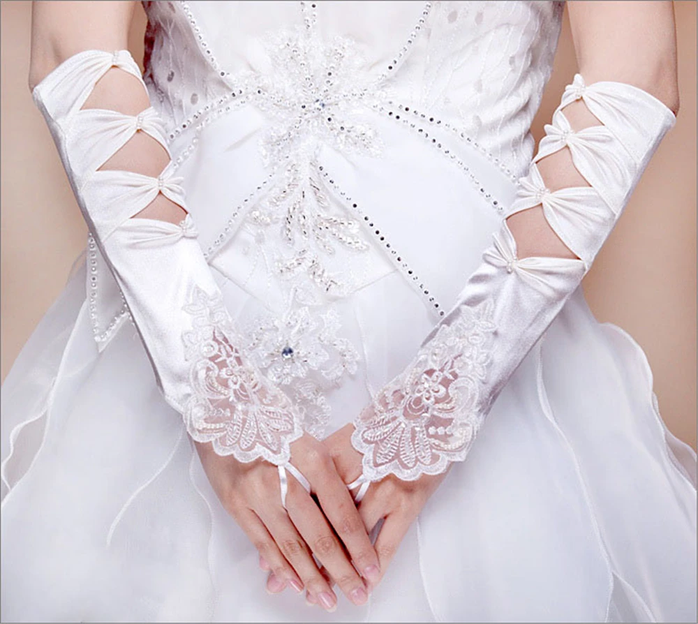 Gloves Fingerless Mittens Romantic For Wedding Bridal Pearl Lace Hollowed Tie Red temperament | Аксессуары для одежды