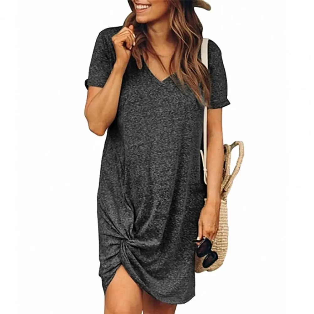 

New Summer Dress Women Casual Solid Color Short Sleeve V Neck Irregular Knot Hem Loose Dresses Daily Wear