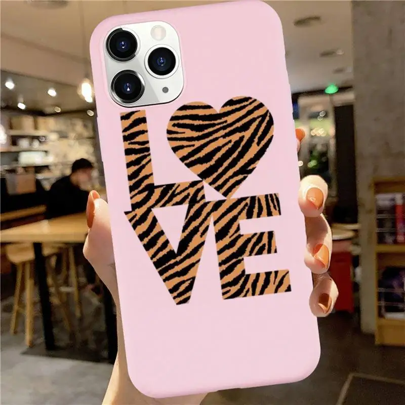 

LOVE Leopard Phone Case Pink Candy Color for iPhone 6 7 8 11 12 s mini pro X XS XR MAX Plus