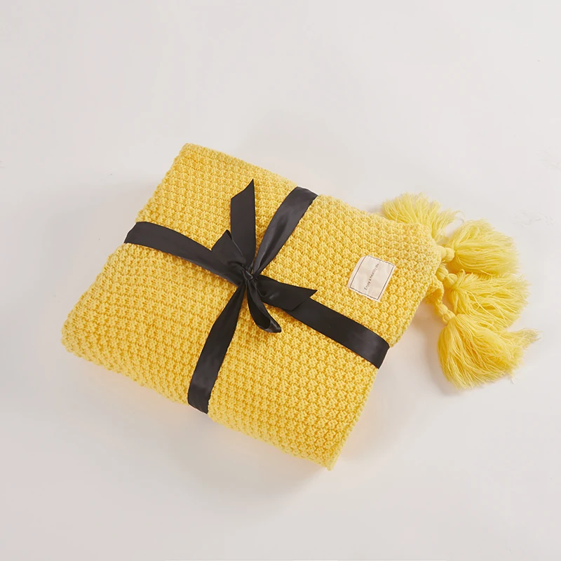 Yellow Одеяло с кисточками, однотонное бежевое серое кофейное покрывало для кровати, дивана, домашний текстиль, модная накидка, 130x170 см, вязаный ковер - Цвет: Yellow