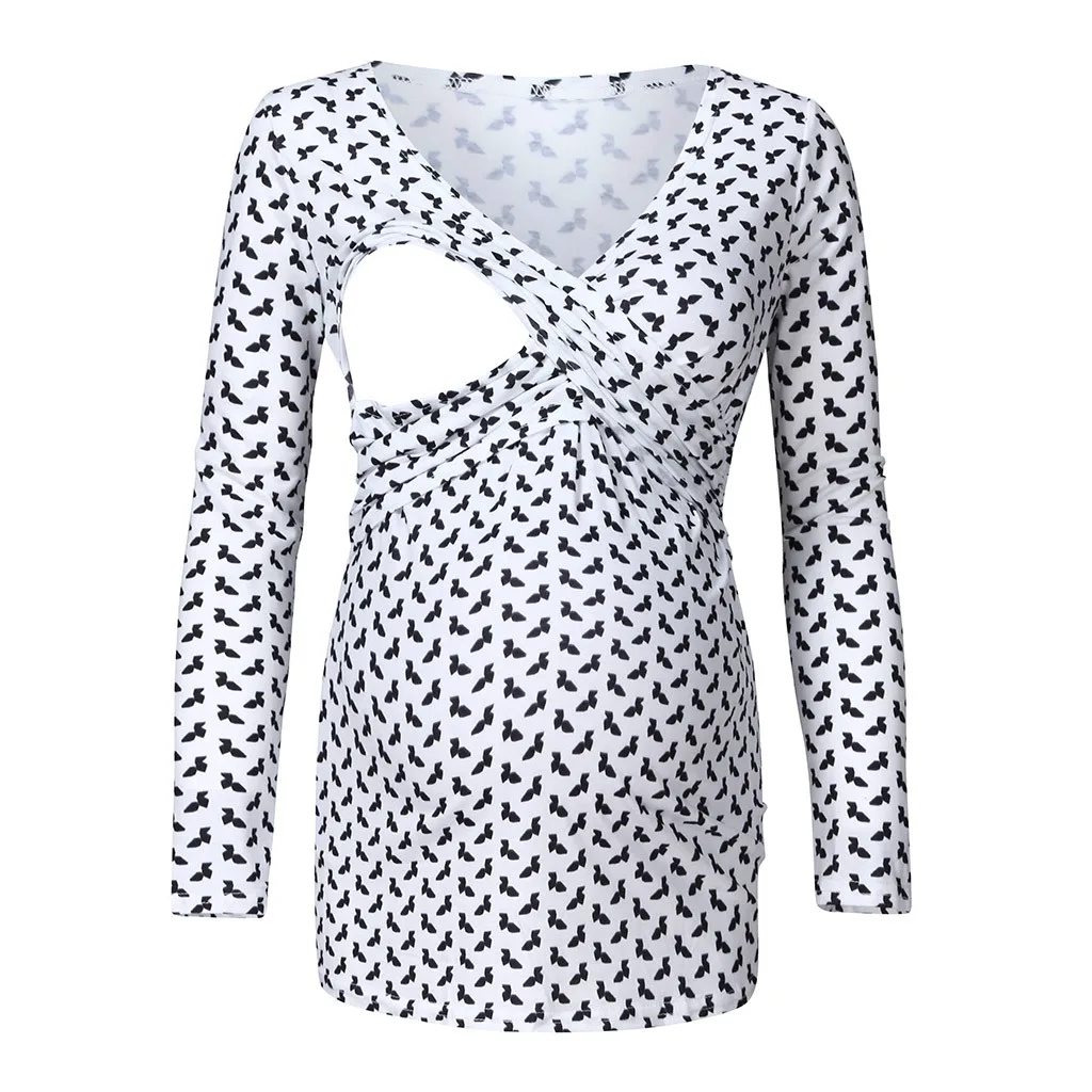 Women Maternity Blouse Fashion Pregnant Nusring Maternity Long Sleeve Ruffles Printed Dot Blouse T-Shirts Pregnancy Cloth M50