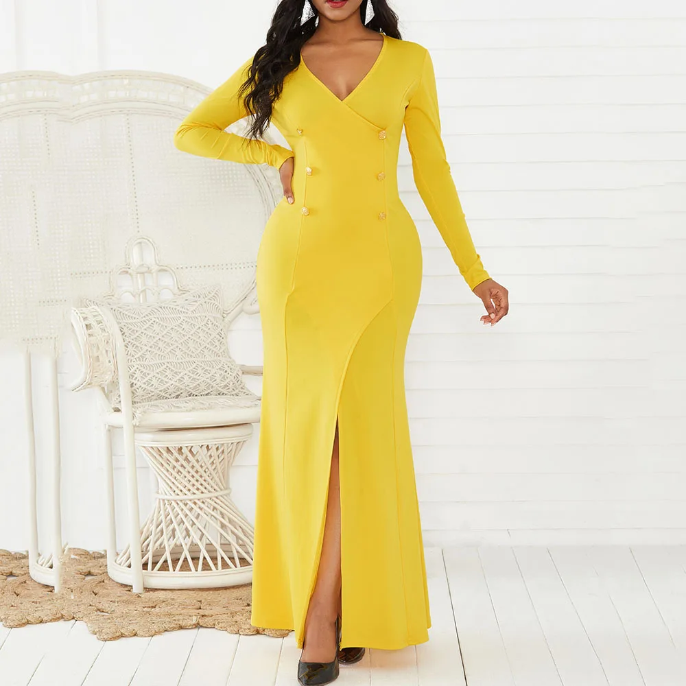 Желтое Сексуальное женское длинное платье с высоким разрезом Африканское