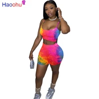haoohu women tracksuit tie dye butterfly print spaghetti strap tops shorts jogger sweatpants suit two piece set matching set