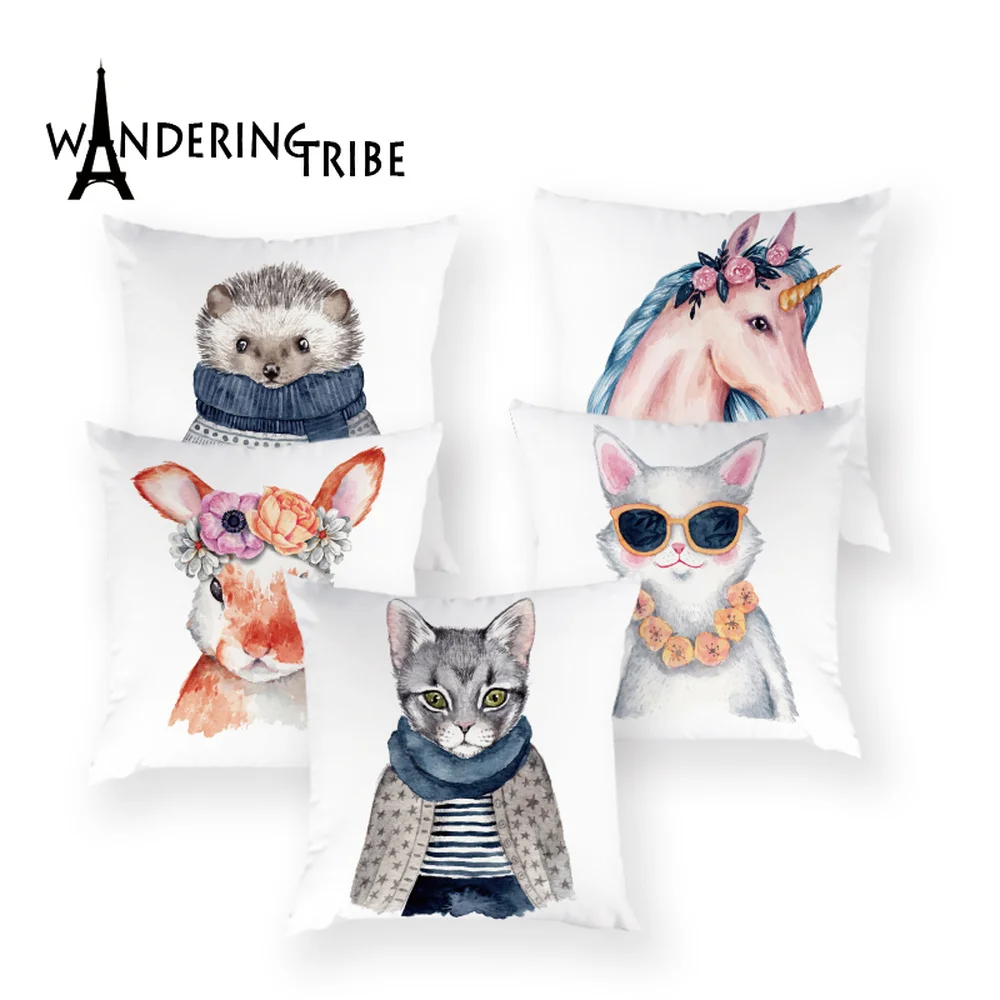 

Cartoon Unicorn Throw Pillow Cover Panda Rabbit Decorative Sofa Custom Cushion Case Cat Fox White Animal Bed Pillow Case Covers