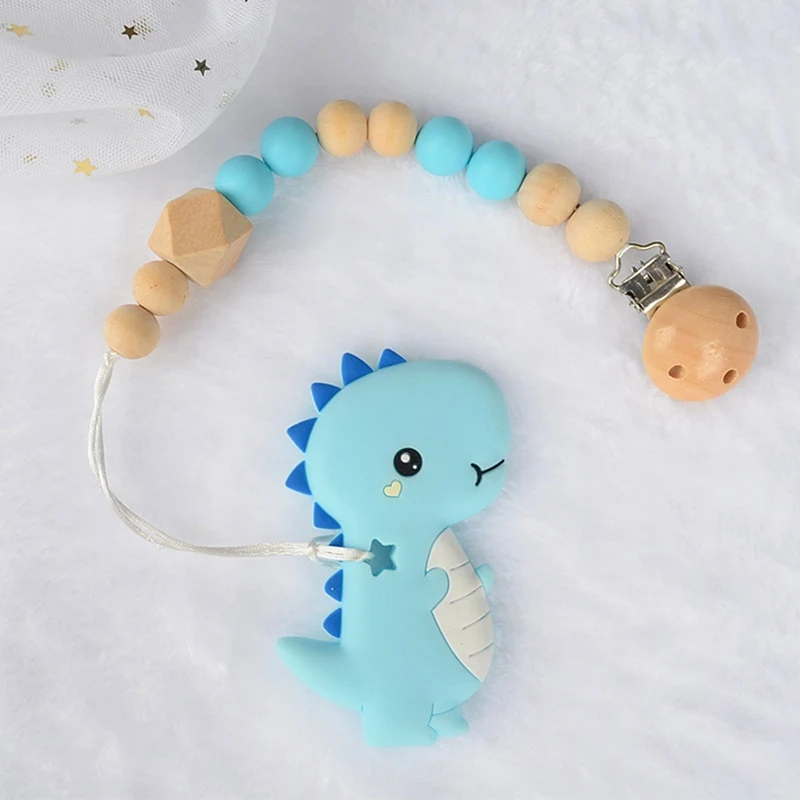 

Baby Pacifier Clip Chain Cartoon Dinosaur Teether Wooden Beads Dummy Clip Soother Chew Leash Nipple Holder Teether