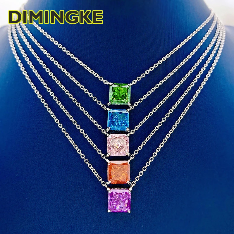 

DIMINGKE 8*8MM Green High Carbon Diamond Female Necklace 100%-S925 Sterling Silver Cocktail Party Fine Jewelry