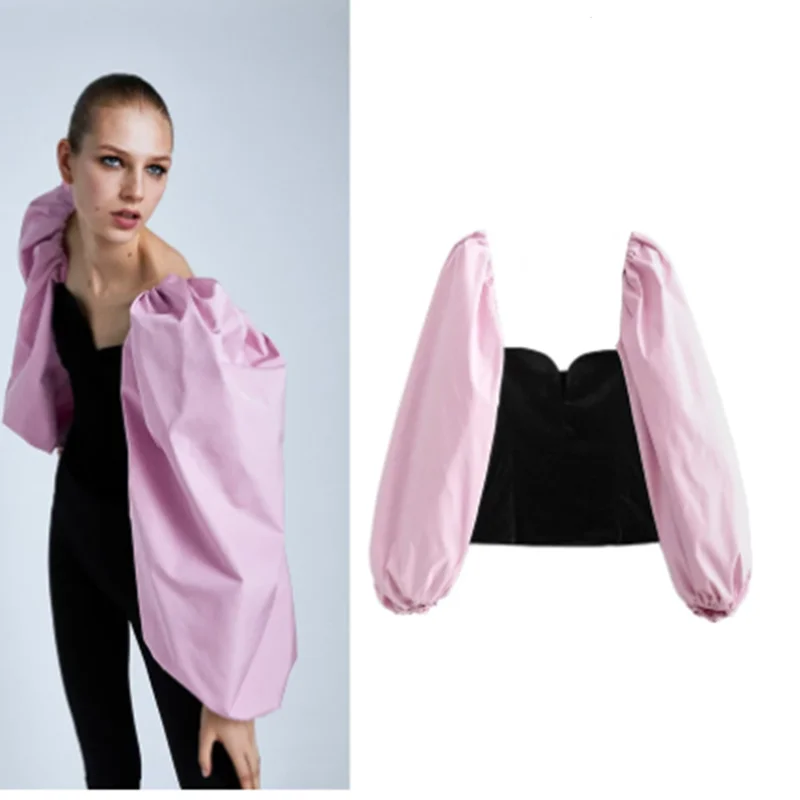 

ZA new socialite temperament women's lantern sleeve stitching velvet blouse female 08642931800