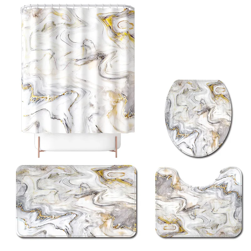 marble printing bath mat and polyester waterproof shower curtain set absorbent u shaped toilet rug anti slip floor carpet set free global shipping