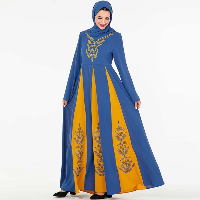 

Middle East long-sleeved multi-color national style dress Arab women's embroidered robes stitching contrast color Muslim skirt