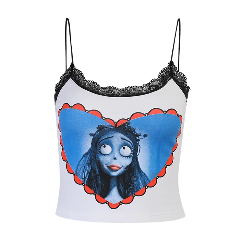 

InsGoth Vintage Sexy Lace Camis Mall Goth Bodycon Spaghetti Straps Crop Tops Aesthetic Print Summer Backless Basic Camisoles