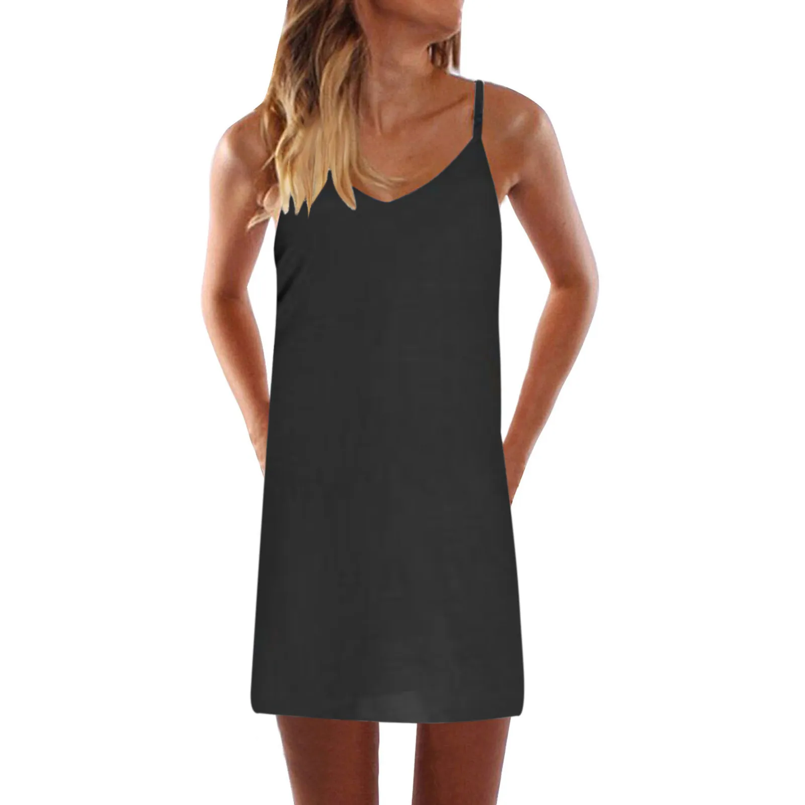 

2021 Summer Women Casual Short Sleeve Fashion Slim Sexy A-Line V-Neck Solid Sleeveless Sling Skirt Dress Clothes For Dress