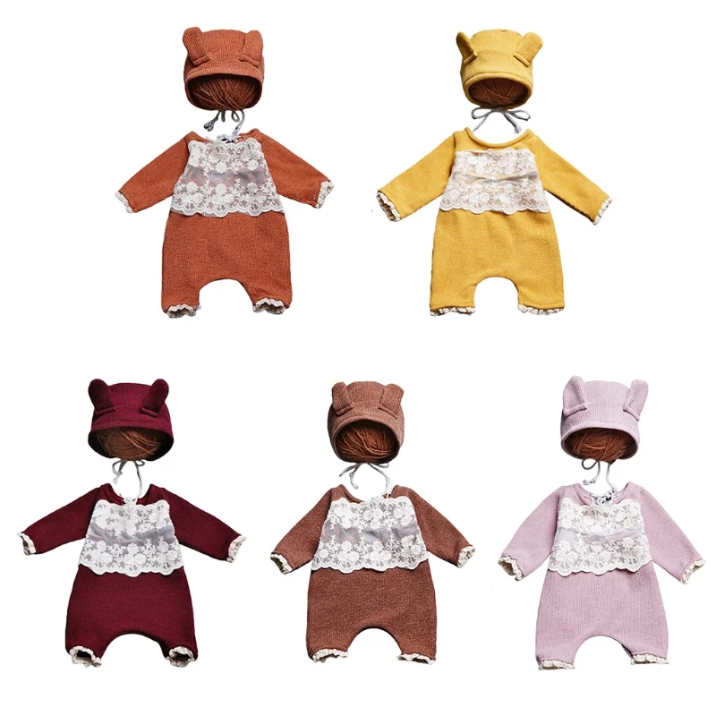 Mono de mameluco con orejas T5EC para beb&eacute;s, Kit de ropa para sesi&oacute;n de fotos, trajes, sombrero de beb&eacute;, conjunto de Mono para fotograf&iacute;a de reci&eacute;n nacido, 2 uds.-0