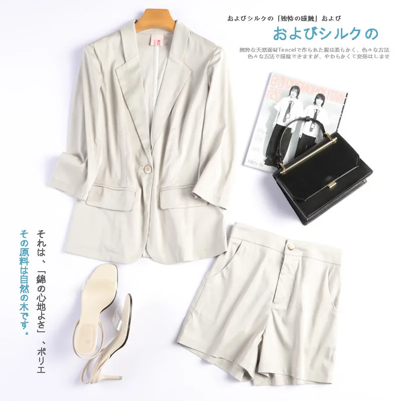 Летний новый женский костюм с шортами свободный хлопковый и льняной Блейзер