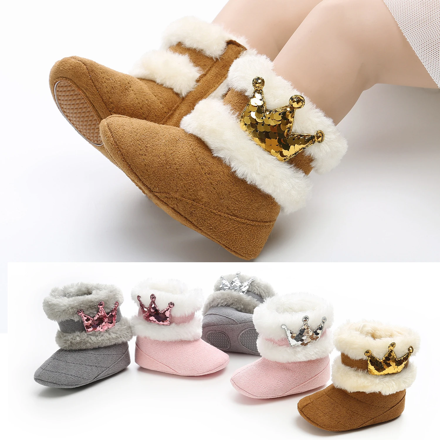 Милые детские зимние сапоги теплые хлопковые Мокасины с короной для малышей