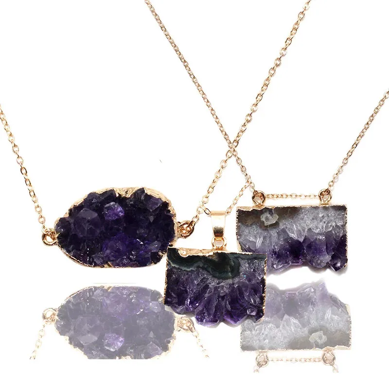 

Genuine Irregular Amethyst Raw Stone Pendant Necklace Women Reiki Healing Quartz Purple Crystal Druzy Jewelry Accessories 1 Pcs