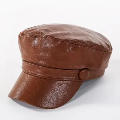 Women Fashion Leather Military Hats Winter Vintage Black Leather Snapback Caps Female Newsboy Hat Casequette Beret Caps - Цвет: brown