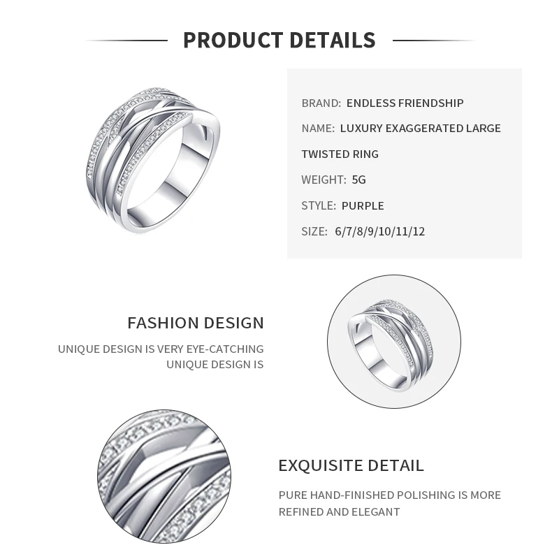 HOMOD Новое серебряное Сверкающее плетеное кольцо для женщин роскошное свадебное