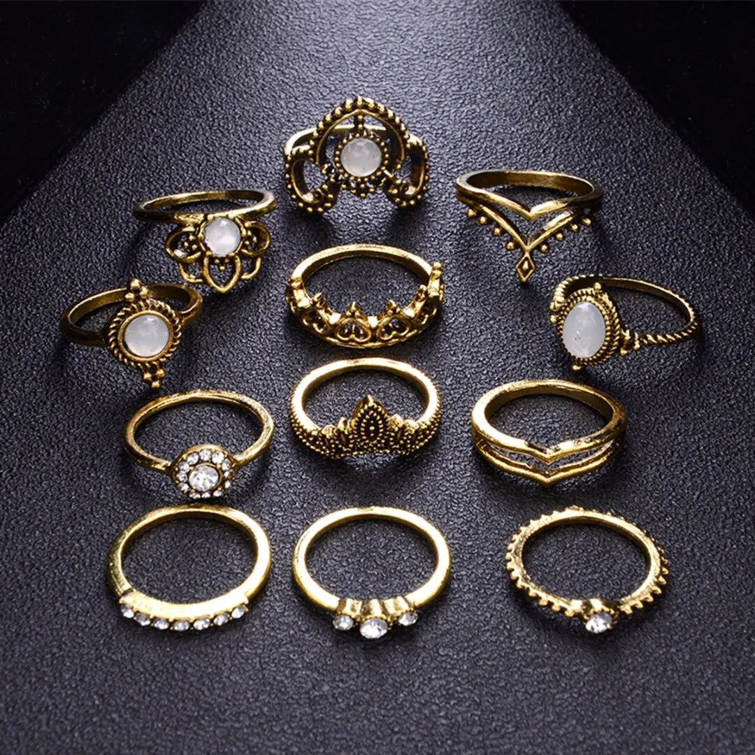 12 шт./компл. Винтажное кольцо с опалом и кристаллами набор колец средней длины