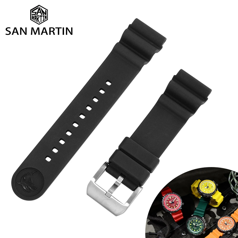 San Martin Watch Strap Fluorine Rubber Band Waterproof 20-22mm Shark Marking High Flexibility TUNA 003 Watch Accessories