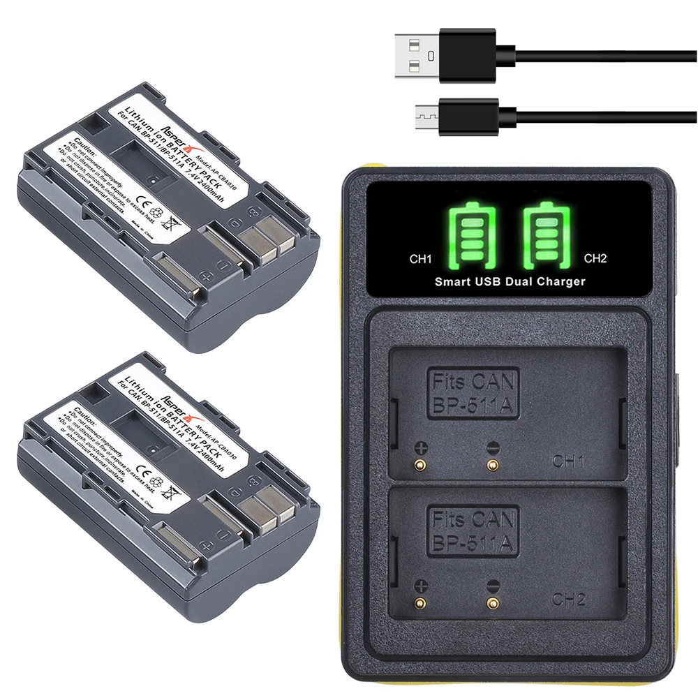 2 шт. BP 511A 511 BP511 BP511A батареи + светодиодный USB двойное зарядное устройство для Canon EOS