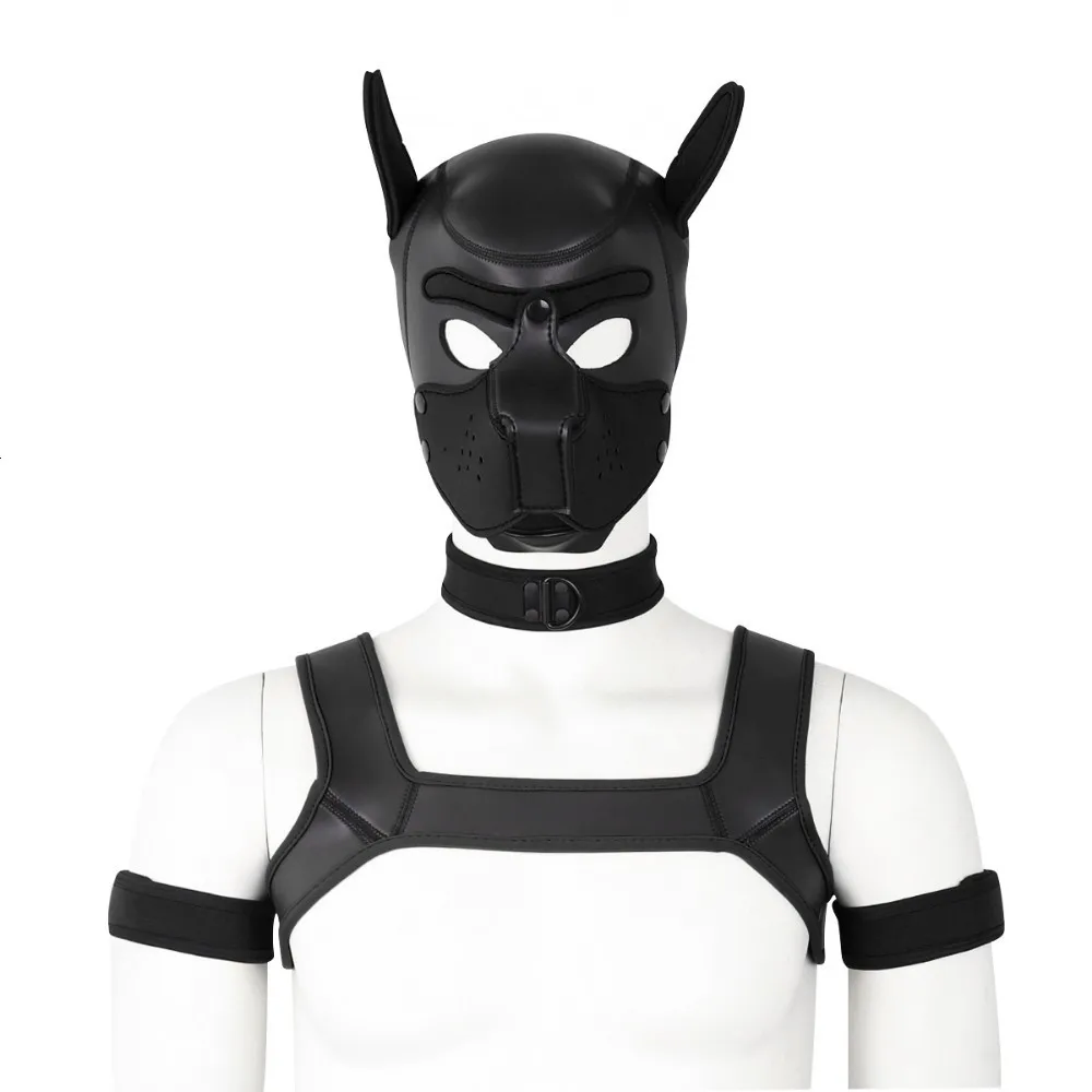 Черный Puppy Play Dog Bondage Hood Mask Collar Armband Cosplay Fantasy Harness Bondage Sexy Set Adult Games Slave Pup Role Play Couples - Цвет: Черный