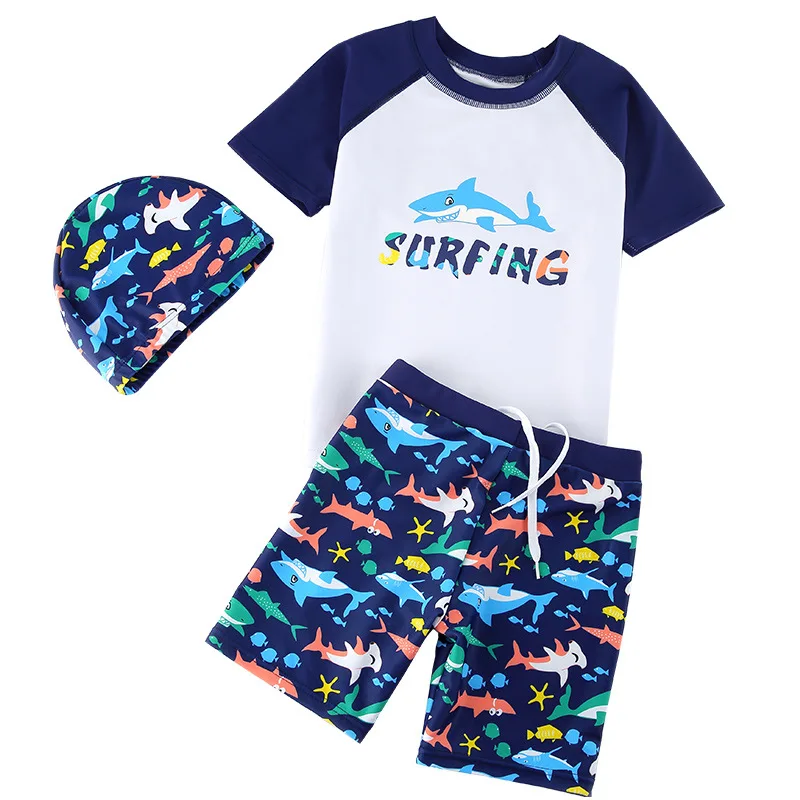Фото Детский костюм из двух предметов Купальный с принтом акулы Пляжная одежда крутой