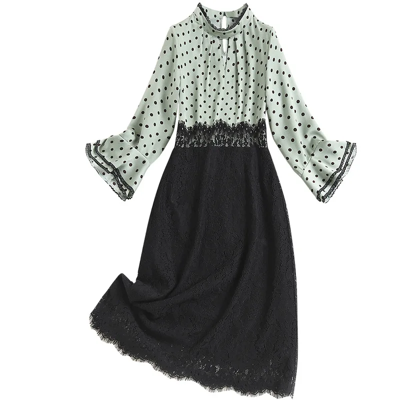 

SHUCHAN Designer Women Dresses 2021 High Quality Patchwork Lace Vintage Sheath Three Quarter Flare Sleeve Stand Collar