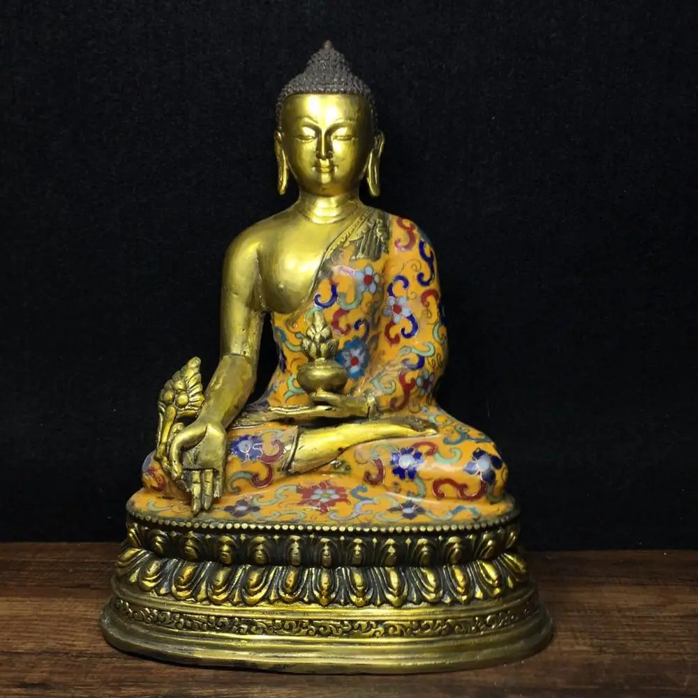 

9" Tibet Buddhism Temple Old Bronze Cloisonne Enamel Shakyamuni Medicine Buddha Buddha Statue Amitabha Enshrine the Buddha