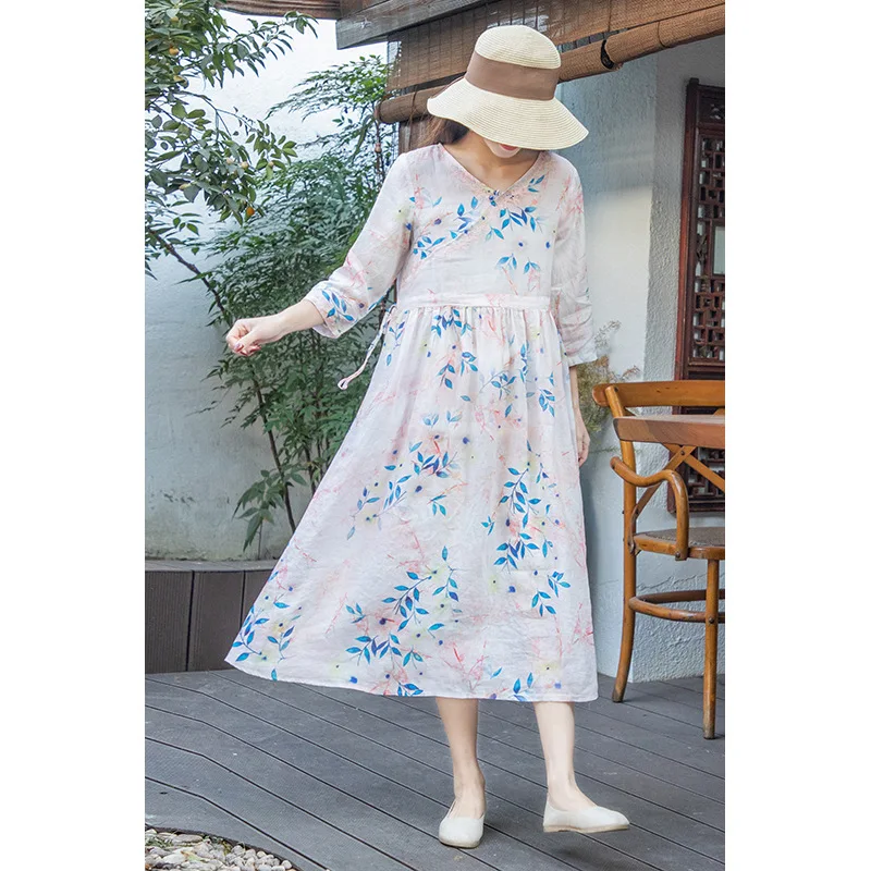 

Женское льняное длинное платье, свободное и свежее платье из саржевого материала с цветочным принтом на шнуровке, новинка 2021