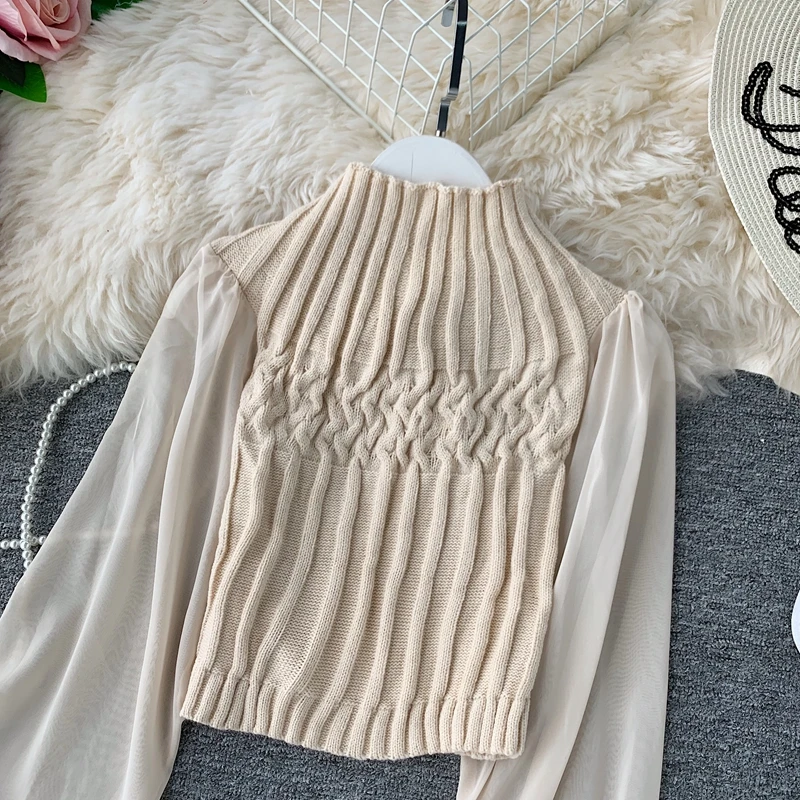 ALPHALMODA осень-зима модный свитер со жгутами фонарь длинный рукав шифон пэчворк повседневные женские пуловеры вязаный джемпер