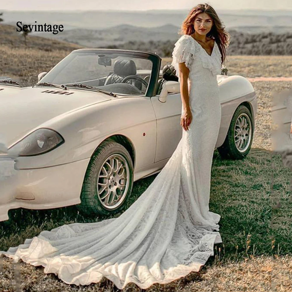 Свадебное платье с юбкой годе Sevintage кружевное невесты в стиле бохо коротким