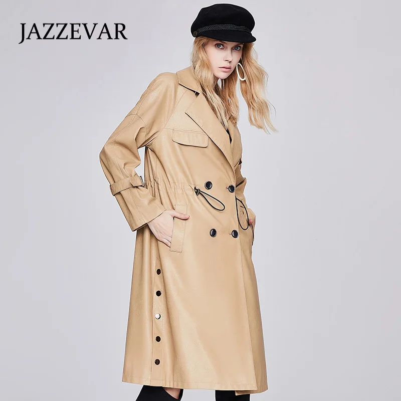 JAZZEVAR Women's Leather Jacket Autumn/winter 2021 New Double-breasted Over-the-knee Long Coat Loose Windbreaker