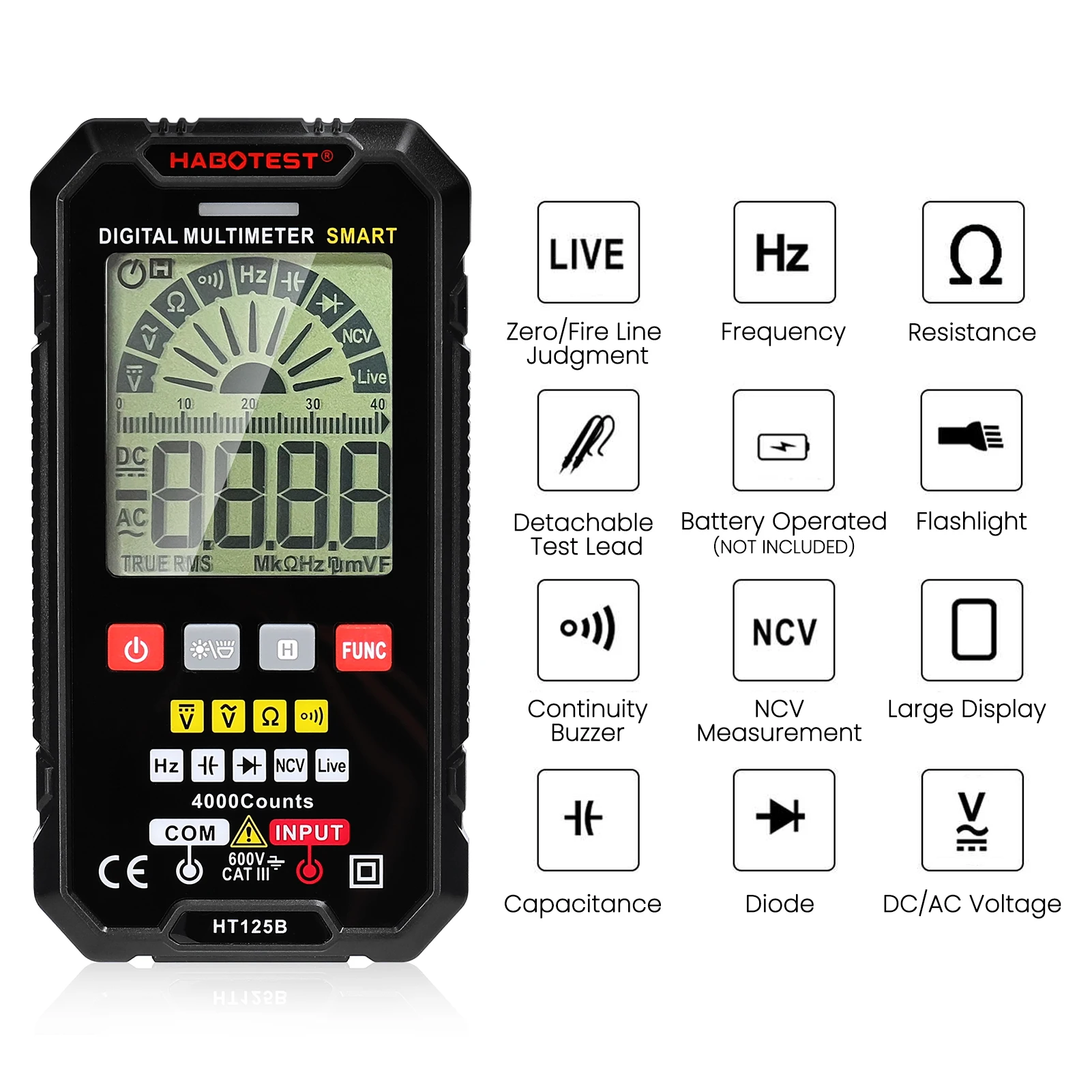 

HT125A/HT125B Multimeter 4000 Count NCV Direct Current AC Voltage Resistance Frequency Diode Continuity Capacitance Measurement