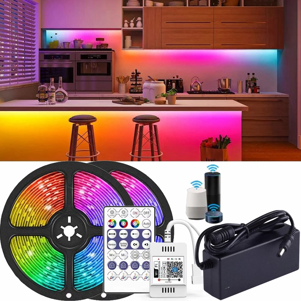 

WS2812B Addressable Pixel RGB LED Strip Light WIFI/Remote Magic Home Dual Output Alexa Smart Voice APP Control DC5V Power KIT
