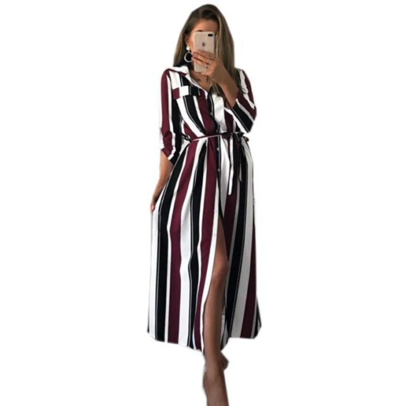 

Women Striped Maxi Dress Lady Turn-Down Collar Dress Long Sleeve Dresses Elegant Party Beach Shirt Clothes Summer Autumn