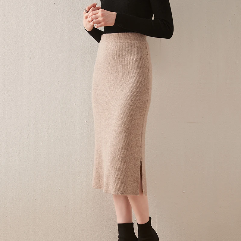 

Hot Sale 100% Wool Knitted Skirts for Woman 2021 New Fashion Spring Elastic Dresses Ladies 4Colors Longer Skirt