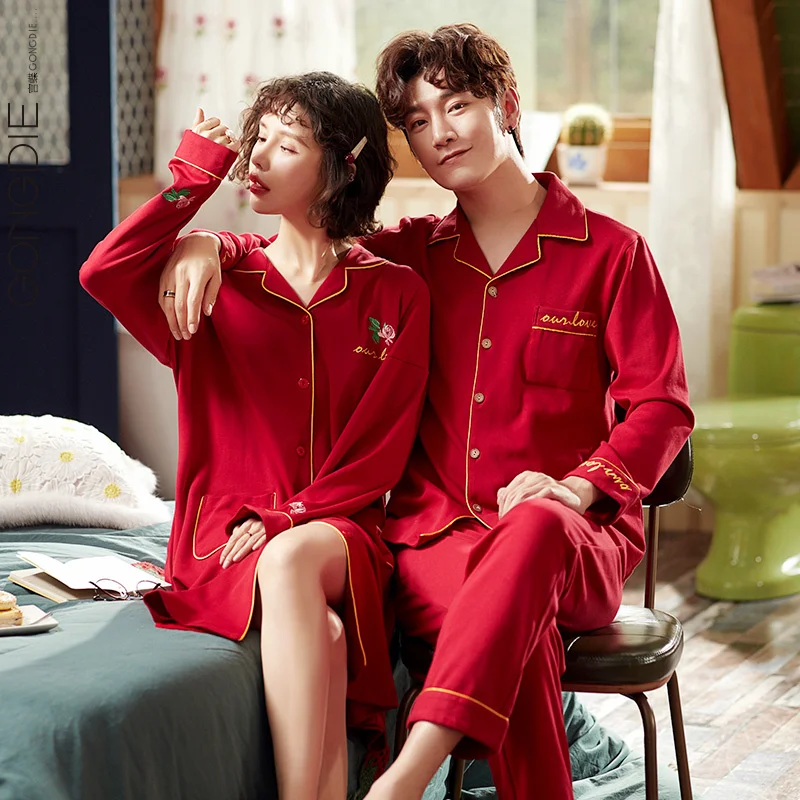 

Gong Die Couple Men's Spring and Autumn Pajamas New Year Red Pure Cotton Long Sleeve Suit Birth Year Women's Nightdress Home