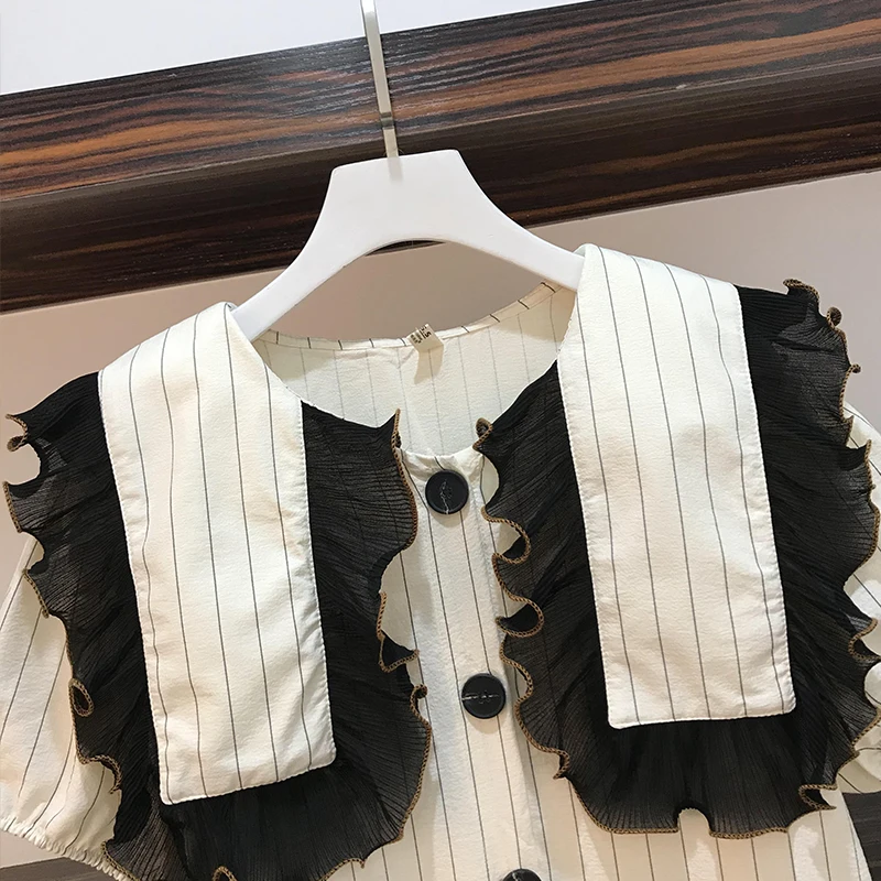 

4XL Plus Size Women Vertical Stripes Shirt Dress Summer 2021 Ruffle Patchwork Navy Collar Short Sleeve Loose Casual Dresses