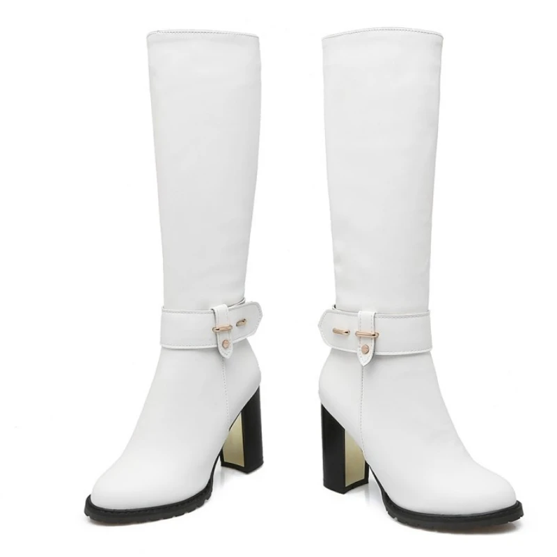 

fanyuan 2020 hot sale knee high boots women Metal decoration round toe warm winter boots woman high heels shoes black