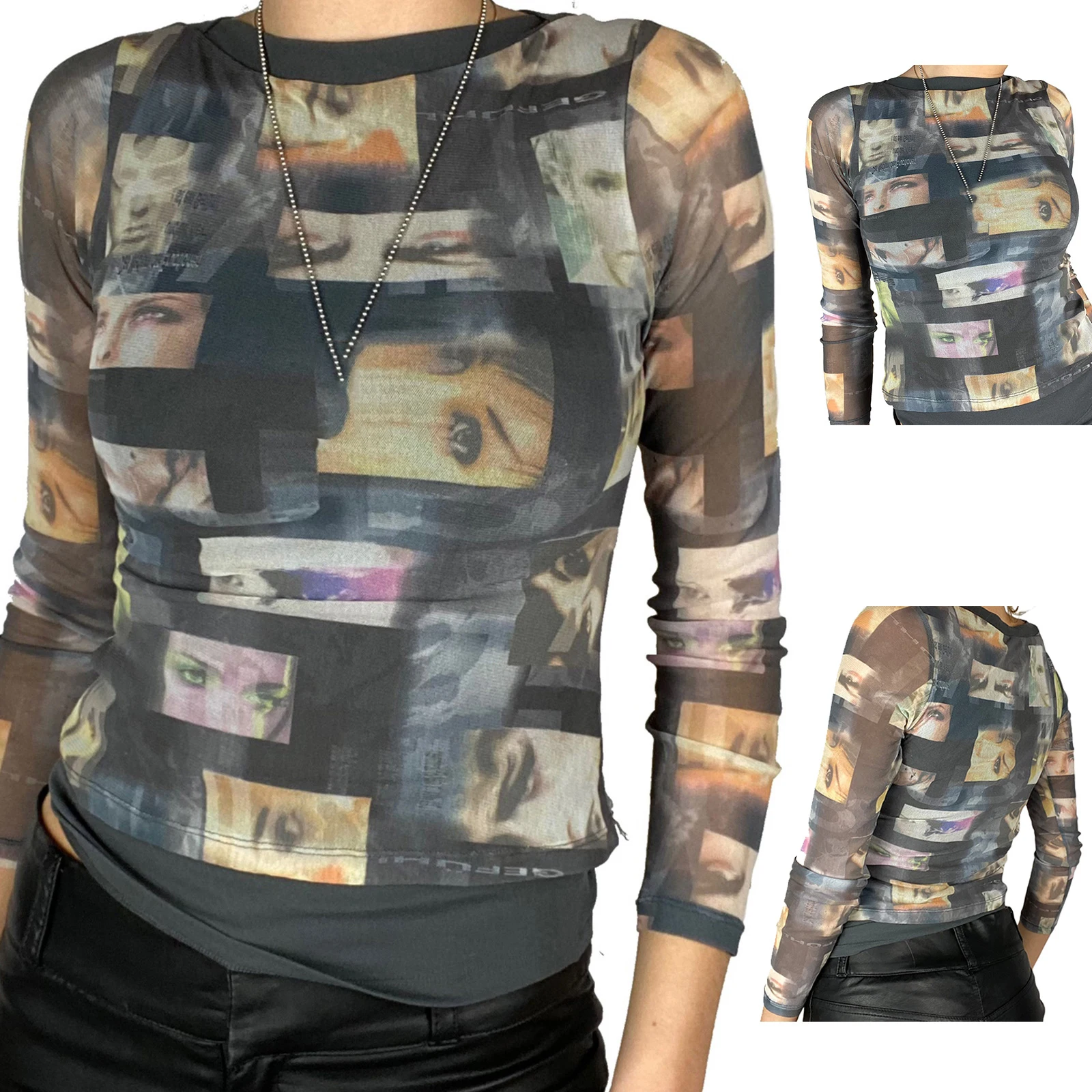 

Women Sheer Mesh Tops, Stylish Long Sleeve Portrait Print Crew Neck Slim Fit T-Shirts