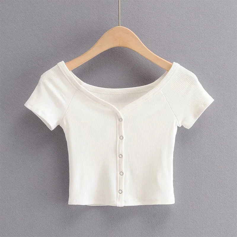 

Solid Crop Top Women's Clothing Short Sleeves Patchwork Women Bottom Tops Breasted Loose Clothes Casual Cropped Tops 2021 Summer