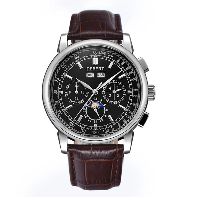 brown leather Debert42mm часы Moon Phase мужские автоматические механические наручные часы мужские s Relogio A Prova De Agua 316L часы из нержавеющей стали - Color: brown leather