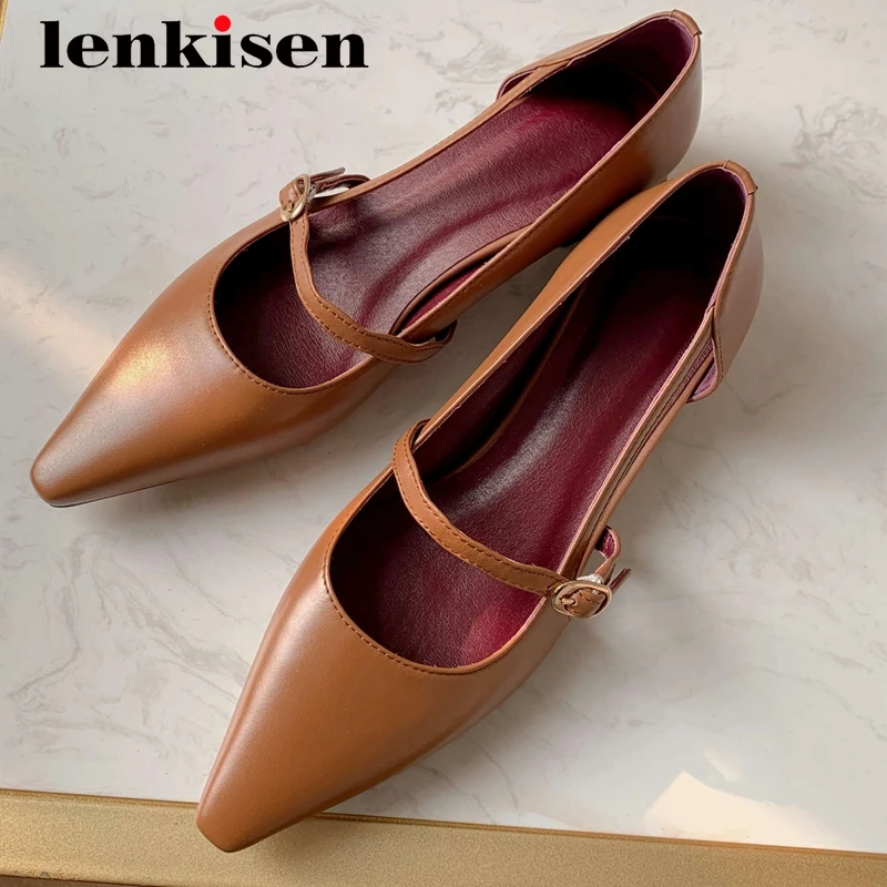 

Lenkisen big size comfortable full grain leather all-match small square toe thick med heel buckle straps mature women pumps L48