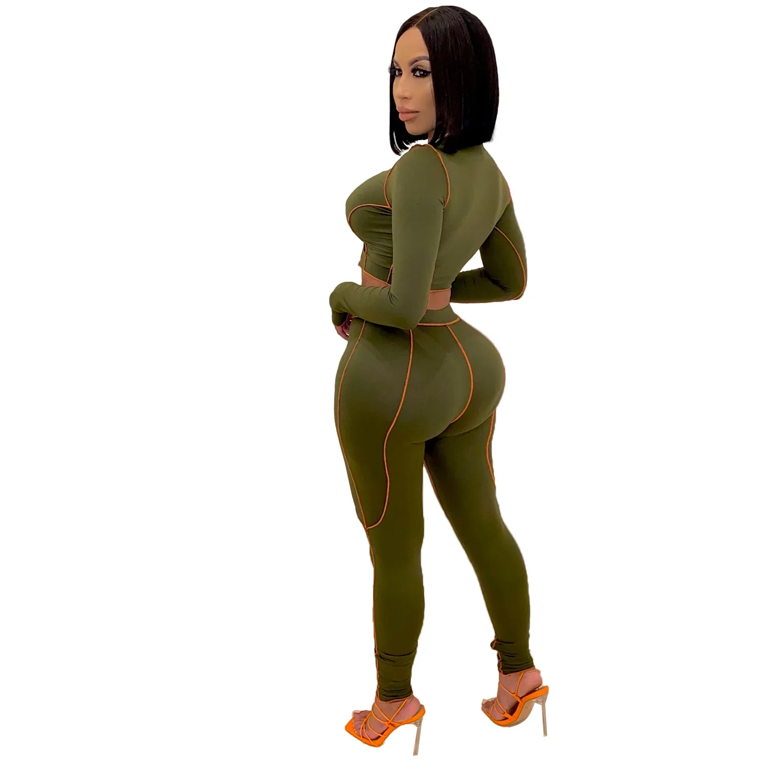 

2021 Newest Women Long Sleeves Lace up Nightclub Outfits Fashion Two Pieces Skinny Pants Two Pieces Party Outfits Nightclub Sets