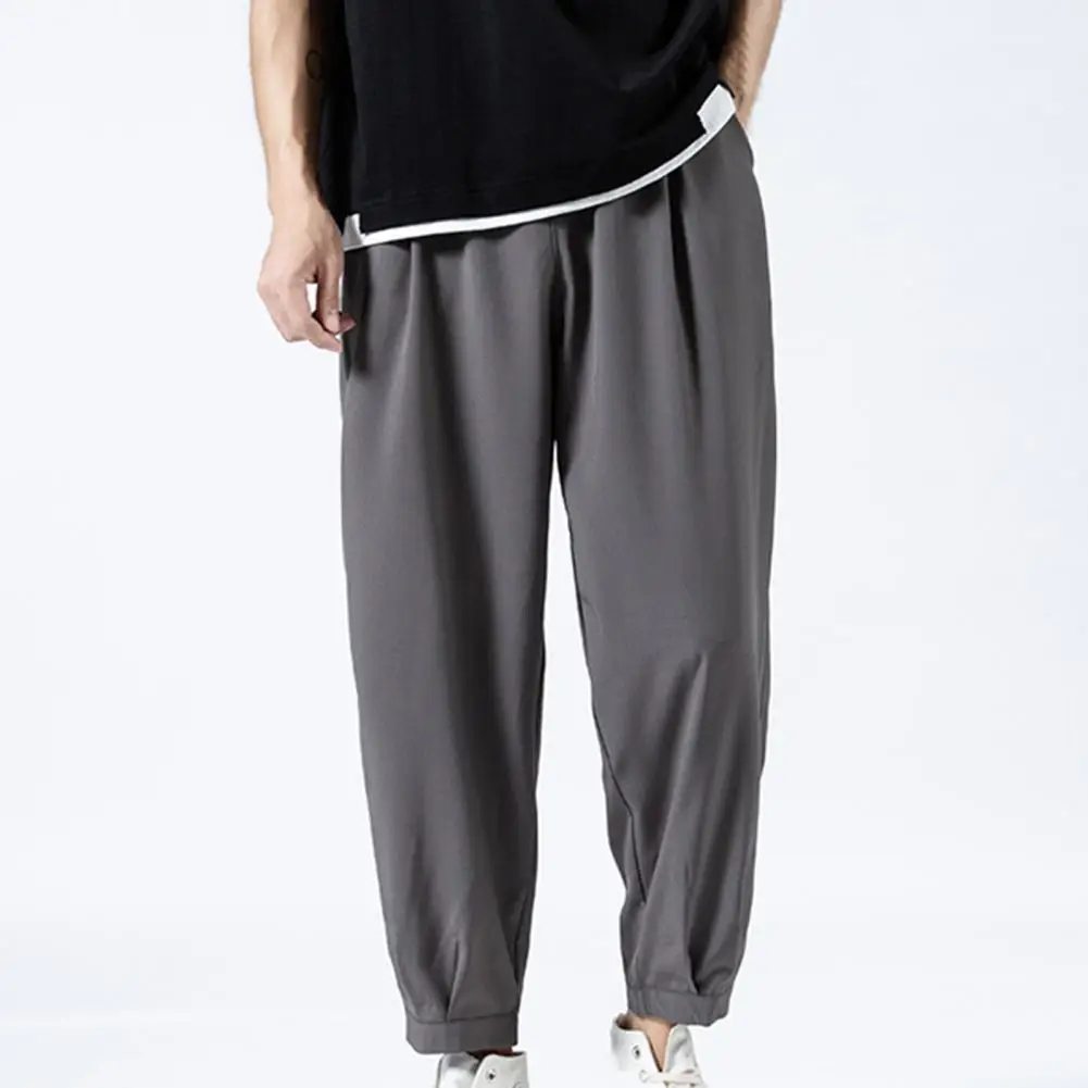 

Solid Color Men Pants Ankle-length Smooth Wide Leg Ankle Tied Oversize Pants Sweatpants