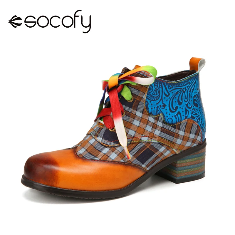 

SOCOFY Shoe Retro Comfy Round Toe Leather Splicing Check Cloth Colorful Lace-up Zipper Chunky Heel Ankle Boot Fashion Short Boot