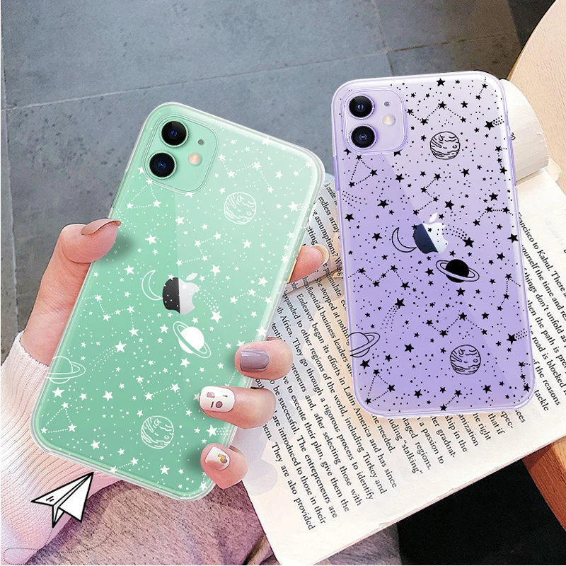 

Transparent Space Painting Phone Case For iPhone 13 12 11 Pro Max XS Max X XR SE2020 7 8 Plus 13 12 Mini Cartoon Soft Back Cover