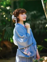japanese style womens traditional kimono retro blue color floral prints yukata set cosplay wear stage performing dress
